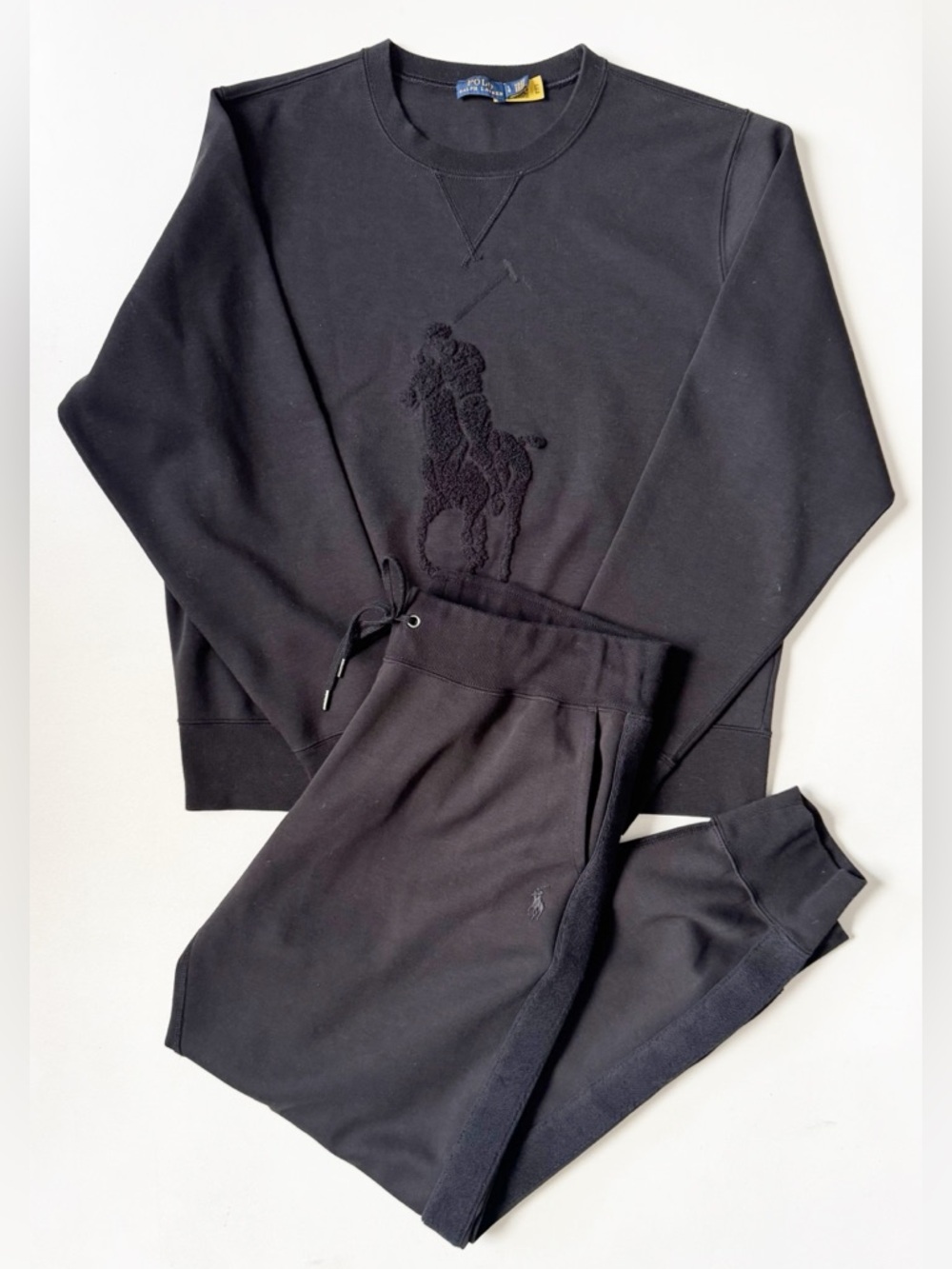 POLO Ralph Lauren Big Pony Applique Sweatshirt Jogger Set L Black Preppy Casual
